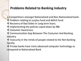 Problems Related to Banking industry

 Competitions amongst Nationalized   and Non-Nationalized bank.
 Problem relating to surplus fund and deficit fund.
 Recovery of Bad Debts In Long term loans.
 Implementing the policies Layed down by RBI.
 Costumer Awareness
 Communication Gap Between The Costumer And Banking
Industry.
 Insecurity in the minds of people related to the Net Banking
Facility.
 Private banks have more advanced computer technology as
compared to Nationalized Bank
 