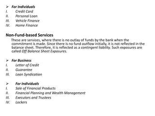  For Individuals 
I. Credit Card 
II. Personal Loan 
III. Vehicle Finance 
IV. Home Finance 
Non-Fund-based Services 
These are services, where there is no outlay of funds by the bank when the 
commitment is made. Since there is no fund outflow initially, it is not reflected in the 
balance sheet. Therefore, it is reflected as a contingent liability. Such exposures are 
called Off Balance Sheet Exposures. 
 For Business 
I. Letter of Credit 
II. Guarantee 
III. Loan Syndication 
 For Individuals 
I. Sale of Financial Products 
II. Financial Planning and Wealth Management 
III. Executors and Trustees 
IV. Lockers 
 