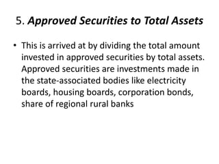5. Approved Securities to Total Assets 
• This is arrived at by dividing the total amount 
invested in approved securities by total assets. 
Approved securities are investments made in 
the state-associated bodies like electricity 
boards, housing boards, corporation bonds, 
share of regional rural banks 
 