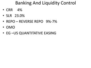 Banking And Liquidity Control 
• CRR 4% 
• SLR 23.0% 
• REPO – REVERSE REPO 9%-7% 
• OMO 
• EG –US QUANTITATIVE EASING 
 