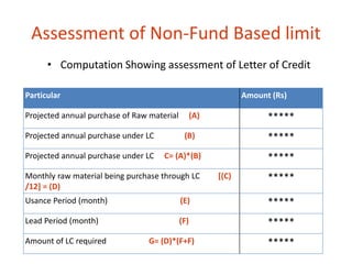 Assessment of Non-Fund Based limit 
• Computation Showing assessment of Letter of Credit 
Particular Amount (Rs) 
Projected annual purchase of Raw material (A) ***** 
Projected annual purchase under LC (B) ***** 
Projected annual purchase under LC C= (A)*(B) ***** 
Monthly raw material being purchase through LC [(C) 
/12] = (D) 
***** 
Usance Period (month) (E) ***** 
Lead Period (month) (F) ***** 
Amount of LC required G= (D)*(F+F) ***** 
 