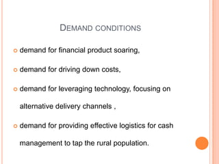 DEMAND CONDITIONS

   demand for financial product soaring,

   demand for driving down costs,

   demand for leveraging technology, focusing on

    alternative delivery channels ,

   demand for providing effective logistics for cash

    management to tap the rural population.
 