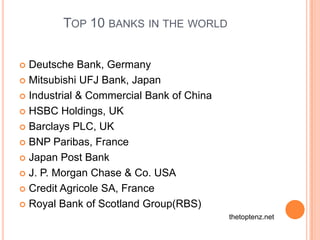 TOP 10 BANKS IN THE WORLD


 Deutsche Bank, Germany
 Mitsubishi UFJ Bank, Japan

 Industrial & Commercial Bank of China

 HSBC Holdings, UK

 Barclays PLC, UK

 BNP Paribas, France

 Japan Post Bank

 J. P. Morgan Chase & Co. USA

 Credit Agricole SA, France

 Royal Bank of Scotland Group(RBS)
                                          thetoptenz.net
 
