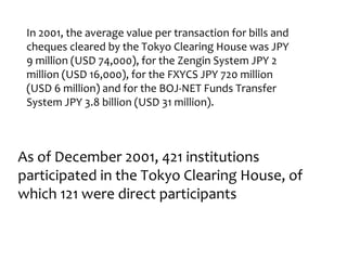 In 2001, the average value per transaction for bills and
 cheques cleared by the Tokyo Clearing House was JPY
 9 million (USD 74,000), for the Zengin System JPY 2
 million (USD 16,000), for the FXYCS JPY 720 million
 (USD 6 million) and for the BOJ-NET Funds Transfer
 System JPY 3.8 billion (USD 31 million).



As of December 2001, 421 institutions
participated in the Tokyo Clearing House, of
which 121 were direct participants
 