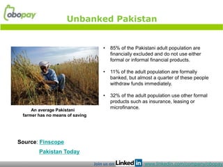 Unbanked Pakistan


                                     •   85% of the Pakistani adult population are
                                         financially excluded and do not use either
                                         formal or informal financial products.

                                     •   11% of the adult population are formally
                                         banked, but almost a quarter of these people
                                         withdraw funds immediately.

                                     •   32% of the adult population use other formal
                                         products such as insurance, leasing or
                                         microfinance.
     An average Pakistani
 farmer has no means of saving




Source: Finscope
        Pakistan Today

                                 Join us on             www.linkedin.com/company/obopay
 