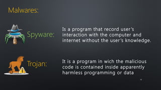 Malwares: 
Is a program that record user ’s 
interaction with the computer and 
internet without the user ’s knowledge. 
Spyware: 
Trojan: It is a program in wich the malicious 
code is contained inside apparently 
harmless programming or data 
1100 
 