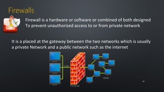 Firewalls 
Firewall is a hardware or software or combined of both designed 
To prevent unauthorized access to or from private network 
It is a placed at the gateway between the two networks which is usually 
a private Network and a public network such as the internet 
2288 
 