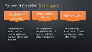 Password Cracking Techniques: 
Dictionary 
Attacks 
Brute Forcing 
Attacks 
HHyybbrriidd AAttttaacckkss 
A dictionary file is 
loaded into the 
cracking application 
that runs against user 
accounts 
The program tries 
every combination of 
caracters until the 
password is broken 
Like a dictionary 
attack but adds some 
numbers and symbols 
to the words 
88 
 