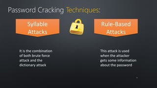 Syllable 
Attacks 
Rule-Based 
Attacks 
Password Cracking Techniques: 
It is the combination 
of both brute force 
attack and the 
dictionary attack 
This attack is used 
when the attacker 
gets some information 
about the password 
99 
 