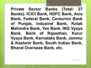 Private Sector Banks (Total: 27
Banks). ICICI Bank, HDFC Bank, Axis
Bank, Federal Bank, Centurion Bank
of Punjab, Indusind Bank, Kotak
Mahindra Bank, Yes Bank, ING Vysya
Bank, Bank of Rajasthan, Karur
Vysya Bank, Karnataka Bank, Jammu
& Kashmir Bank, South Indian Bank,
Bharat Overseas Bank, etc.
Dr Dev VSB
24
 