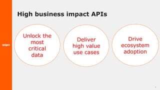 High business impact APIs
4
Unlock the
most
critical
data
Deliver
high value
use cases
Drive
ecosystem
adoption
 