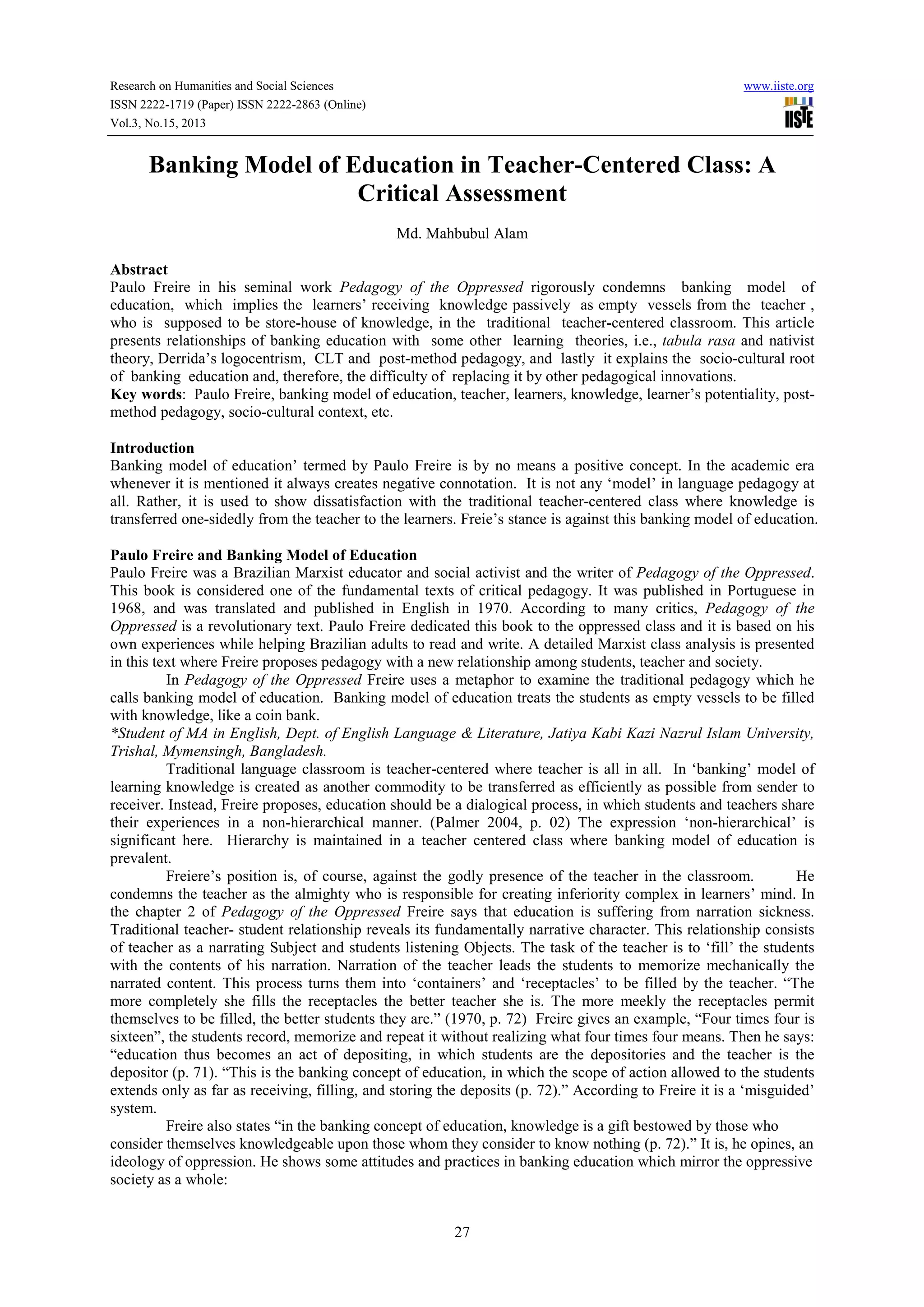 Banking model of education in teacher centered class-a critical ...