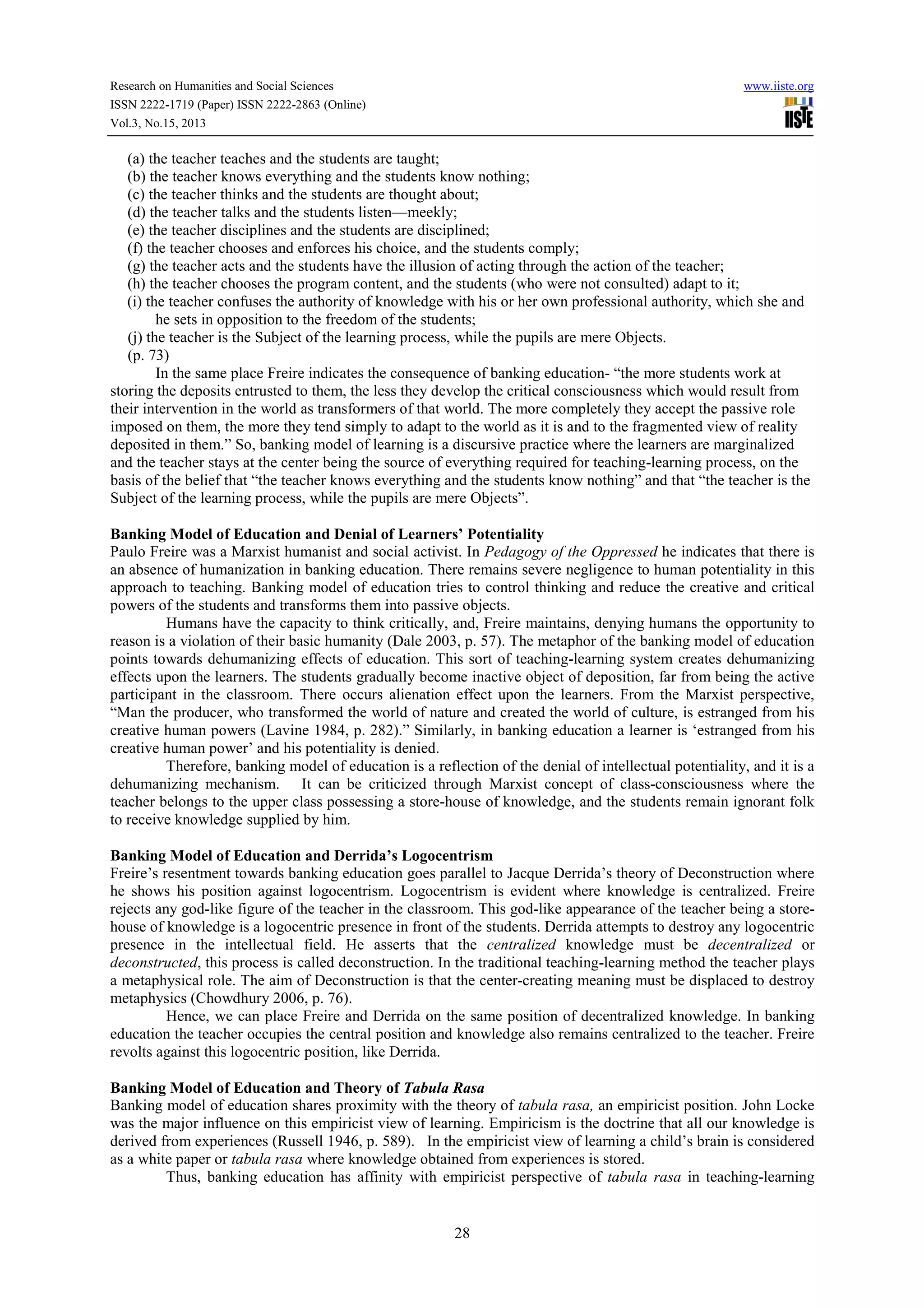 Banking model of education in teacher centered class-a critical ...