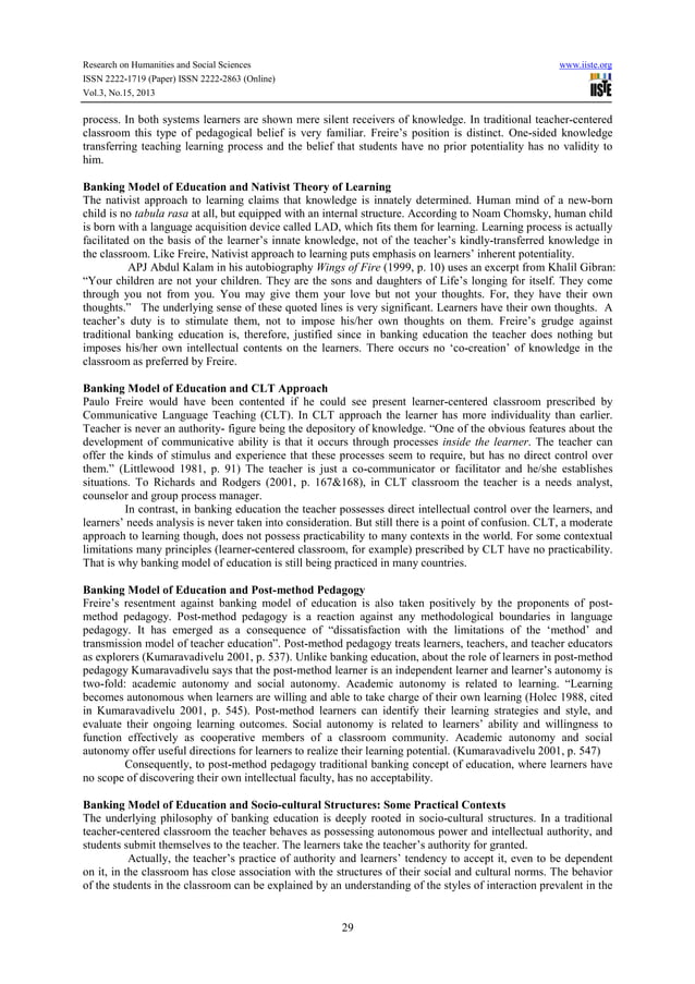 Banking model of education in teacher centered class-a critical ...