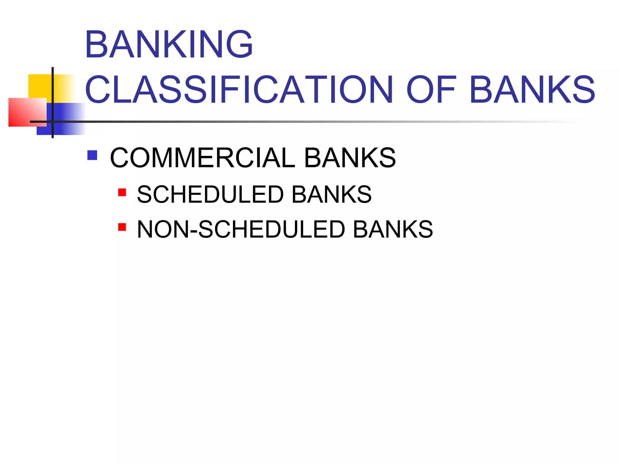 BANKING
CLASSIFICATION OF BANKS
   COMMERCIAL BANKS
       SCHEDULED BANKS
       NON-SCHEDULED BANKS
 