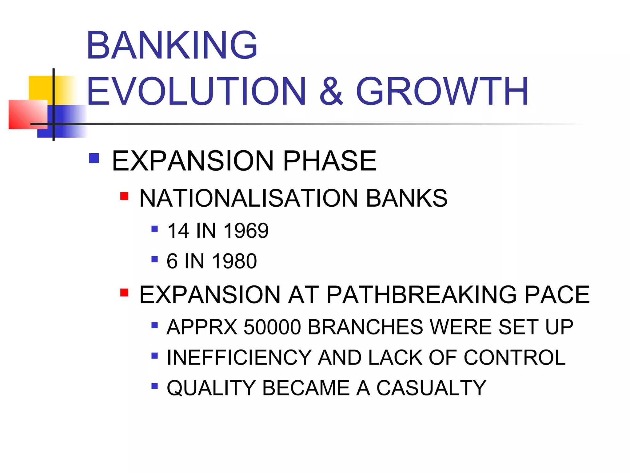 BANKING
EVOLUTION & GROWTH
   EXPANSION PHASE
       NATIONALISATION BANKS
           14 IN 1969
        
            6 IN 1980
       EXPANSION AT PATHBREAKING PACE
           APPRX 50000 BRANCHES WERE SET UP
           INEFFICIENCY AND LACK OF CONTROL
           QUALITY BECAME A CASUALTY
 