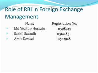 Role of RBI in Foreign Exchange
Management
Name Registration No.
o Md Yeakub Hossain 11508749
o Saahil Saundh 11512485
o Amit Deswal 11502928
 