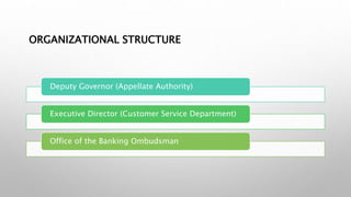 ORGANIZATIONAL STRUCTURE
Deputy Governor (Appellate Authority)
Executive Director (Customer Service Department)
Office of the Banking Ombudsman
 