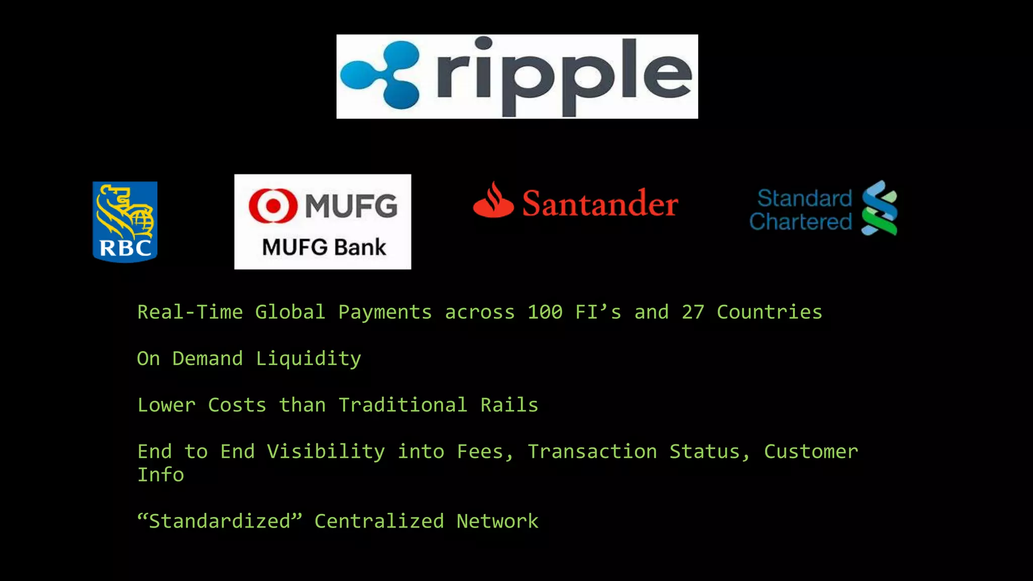 Real-Time Global Payments across 100 FI’s and 27 Countries
On Demand Liquidity
Lower Costs than Traditional Rails
End to End Visibility into Fees, Transaction Status, Customer
Info
“Standardized” Centralized Network
 
