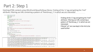 Part 2: Step 1
Fetching HTML content using URLLIB and BeautifulSoup library. Finding all the ‘a’ tag and getting the ‘href’
attribute. Filtering out URL containing a pattern of ‘PeerGroup_1’ in which we are interested
20
Finding all the ‘a’ tag and getting the ‘href’
attribute. Filtering out URL containing a
pattern of ‘PeerGroup_1’ in which we are
interested.
Filtered ‘url’ are now kept in the list to be
used further
 