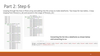 Part 2: Step 6
Looping through the lines in flines array and adding into the arrays to make dataframe. Two loops for two tables, 1 loop
ranging from flines[1:is_id] and second in the range of flines[is_id:]
25
Converting the list into a dataframe as shown below
and converting to csv
 