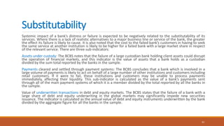 Substitutability
Systemic impact of a bank’s distress or failure is expected to be negatively related to the substitutability of its
services. Where there is a lack of realistic alternatives to a major business line or service of the bank, the greater
the effect its failure is likely to cause. It is also noted that the cost to the failed bank’s customers in having to seek
the same service at another institution is likely to be higher for a failed bank with a large market share in respect
of the relevant service. There are three sub-indicators:
Assets under custody: The BCBS notes that the failure of a large custodian bank holding client assets could disrupt
the operation of financial markets, and this indicator is the value of assets that a bank holds as a custodian
divided by the sum total reported by the banks in the sample.
Payments cleared and settled through payment systems: The BCBS concludes that a bank which is involved in a
large volume of payments is likely to act on behalf of a large number of other institutions and customers including
retail customers. If it were to fail, these institutions and customers may be unable to process payments
immediately, affecting their liquidity. This sub-indicator is calculated as the value of a bank’s payments sent
through all of the main payment systems of which it is a member divided by the total reported by all the banks in
the sample.
Value of underwritten transactions in debt and equity markets. The BCBS states that the failure of a bank with a
large share of debt and equity underwriting in the global markets may significantly impede new securities
issuance. The indicator is calculated as the annual value of debt and equity instruments underwritten by the bank
divided by the aggregate figure for all the banks in the sample.
43
 