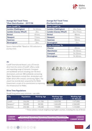13
Drive Time Populations
People living within easy commute – see table.
City Population Working Age Working Age
+ 30 Minutes
Working Age
+ 45 Minutes
Cardiff 336,200 231,700 1,020,500 1,975,800
Newport* 140,400 88,500 1,660,400 2,560,600
Swansea 230,300 149,300 739,800 1,172,000
* These statistics include neighbouring English counties, including the city of Bristol.
Air
Cardiff International Airport, just a 25 minute
drive from the centre of Cardiff, offers a wide
and expanding range of domestic, European
and worldwide services including over 50 direct
destinations, and over 400 worldwide connecting
flights. Destinations include Paris, Amsterdam and
Dublin which offer onward, connecting, flights. The
airport has recently been acquired by the Welsh
Government, as part of its commitment to improving
the infrastructure for Wales.
Average Rail Travel Times
(Pre Electrification)
From Cardiff To:
London (Paddington) 2hrs 7mins
London (Canary Wharf) 2hrs 17mins
Bristol 48mins
Newport 13mins
Swansea 54mins
Birmingham 2hrs
From Wrexham To:
Chester 20mins
Manchester 1hr 55mins
Liverpool 1hr 25mins
Birmingham 1hr 42mins
Average Rail Travel Times
*(Post Electrification – 2017/18)
From Cardiff To:
London (Paddington) 1hr 52mins
London (Canary Wharf) 2hrs
Bristol 41mins
Newport 11mins
Swansea 45mins
Birmingham 2hrs
Source: National Rail. *Based on 16% reduction in
journey times
Inset
CARDIFF
TREFOREST
CWMBRAN
CRICKHOWELL
MERTHYR
TYDFIL
PONTYPRIDD
NEWPORTSWANSEA
WREXHAM
BANGOR
RHYL
EWLOE
ABERYSTWYTH
LAMPETER
CARMARTHEN
Cardiff Airport
Anglesey Airport
ANGLESEY
SNOWDONIA
EBBW VALE
HAVEN WATERWAY
CARDIFF CENTRAL
ST ATHAN-CARDIFF AIRPORT
DEESIDE
LONDON
CANARY WHARF
CARDIFF
CENTRAL from 2018,electrification will mean it is just a short 2 hours journey
Motorway
Trunk Road
Rail network
Airport
Ferry Port
Port
‘A’ area
Cardiff Capital Region
Non-predefined ‘C’ areas
Local Authority Boundary
ASSISTED AREAS 2014-2020
ENTERPRISE ZONES
© Crown Copyright and database right 2015.
Ordnance Survey 100021874
Cartographics • Welsh Government • ML/124/15.16
A4161
A48
A470
A4161
A4160
A4232
A4232
Cardiff Inset
CITY CENTRE
CastleCastle
Millennium StadiumMillennium Stadium
City HallCity Hall
CITY CENTRE
Red Dragon Centre
County Hall
National Assembly for Wales
Wales Millennium Centre
CARDIFF
BAY
Red Dragon Centre
County Hall
National Assembly for Wales
Wales Millennium Centre
CARDIFF
BAY
CARDIFF CENTRAL
 