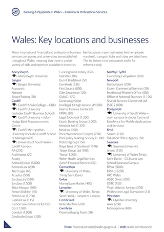 Banking  Payments in Wales – Financial  Professional Services
2
Email: financial.services@wales.gsi.gov.uk ❘ Web: wales.com/business
Major international financial and professional business
services companies and universities are established
throughout Wales, meaning that there is a wide
variety of skills and expertise available to investors.
Key locations, major businesses (with employee
numbers), transport hubs and cities are listed here.
The list below is not exhaustive and is for
reference only.
Aberystwyth
Aberystwyth University
Bangor
Bangor University
Accountis
Natwest
SecureTrading (30)
Cardiff
Cardiff  Vale College – CILEx
Cardiff University
(includes Cardiff Business School)
Cardiff University – Julian
Hodge Bank Macroeconomic
Centre
Cardiff Metropolitan
University (includes Cardiff School
of Management)
University of South Wales –
Cardiff Campus
AA (230)
Acclimatise (20)
Acuity
Admiral Group (5,000)
Admiral Law (200)
Alert Logic (65)
Atradius (500)
Barclaycard (580)
Barclays (1,500)
Blake Morgan (900)
Brewin Dolphin (30)
British Gas (1,700)
Capital Law (115)
Carbon Law Partners (HQ) (50)
CGI (1,500)
Conduit (1,000)
Creditsafe Group (350)
Cunningham Lindsey (250)
Deloitte (300)
Dun  Bradstreet (50)
Eversheds (536)
First Source (850)
Giles Insurance (120)
GMAC (170)
Greenaway Scott
Involegal  Hugh James LLP (500)
Islamic Finance Centre (2)
KPMG (80)
Legal  General (1,200)
Lloyds Banking Group (5,000)
Network Rail (1,370)
NewLaw (300)
Price Waterhouse Coopers (250)
Principality Building Society (1,300)
Protectagroup (150)
Royal Bank of Scotland (1570)
Target Group Ltd (380)
Tesco (1,000)
Welsh Health Legal Services
Zurich Financial Services (50)
Carmarthen
University of Wales,
Trinity Saint David
Ewloe
MoneySuperMarket (400)
Lampeter
University of Wales, Trinity
Saint David – Lampeter Campus
Crickhowell
Note Machine (220)
Cwmbran
Proxima Buying Team (50)
Merthyr Tydfil
Everything Everywhere (850)
Newport
Go Compare (200)
Crown Commercial Services (50)
Intellectual Property Office (850)
Office of National Statistics (1,100)
Shared Services Connected Ltd
ISSC 2 (800)
Pontypridd
University of South Wales –
main campus (includes Centre of
Excellence for Mobile Applications
and Services)
Rhyl
Sanlam (120)
Valuation Office Agency (50)
Swansea
Swansea University
arvato (150)
University of Wales Trinity
Saint David – CILEx and Law
School Swansea Campus
DVLA (5000)
ERS Ltd (250)
HPC Wales
HSBC Direct (850)
OSTC (150)
Virgin Atlantic Airways (250)
Wolfestone Legal Translation (23)
Wrexham
Glynd ^wr University
Avox (250)
Moneypenny (400)
Wales: Key locations and businesses
 