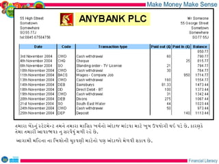 તમારા બેકનું સટેટમેનટ તમને તમારા માિસક ખચરનો અંદાજ માંડવા માટે ખુબ ઉપયોગી થઇ પડે છે . કારણકે
તેમા તમારી આવકજવક નુ સરવૈયું મળી રહે છે .
આગામી મિહના ના િબલોની ચુકવણી માટેનો પણ અંદાજો મેળવી શકાય છે .
 