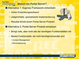 Portaltechnologie in Bankanwendungen für Internet-Endkunden – Copyright © 2005 Sparda-Datenverarbeitung eG
Warum ein Portal Server?
 Alternative 1: Eigenes Framework entwickeln
+ Hoher Entwicklungsaufwand
+ zielgerichtete, spezialisierte Implementierung
- Resultat ähnelt einem Portal Server Produkt!
 Alternative 2: Portal Server Produkt einsetzen
+ Bringt viele, aber nicht alle der benötigten Funktionalitäten mit
- Besitzt Funktionalität, die nicht benötigt/verwendet wird
- Content Management
- Personalisierung
 