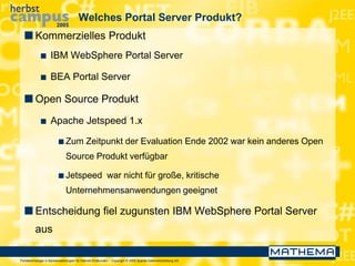 Portaltechnologie in Bankanwendungen für Internet-Endkunden – Copyright © 2005 Sparda-Datenverarbeitung eG
Welches Portal Server Produkt?
 Kommerzielles Produkt
 IBM WebSphere Portal Server
 BEA Portal Server
 Open Source Produkt
 Apache Jetspeed 1.x
 Zum Zeitpunkt der Evaluation Ende 2002 war kein anderes Open
Source Produkt verfügbar
 Jetspeed war nicht für große, kritische
Unternehmensanwendungen geeignet
 Entscheidung fiel zugunsten IBM WebSphere Portal Server
aus
 