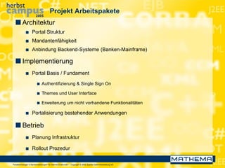 Portaltechnologie in Bankanwendungen für Internet-Endkunden – Copyright © 2005 Sparda-Datenverarbeitung eG
Projekt Arbeitspakete
 Architektur
 Portal Struktur
 Mandantenfähigkeit
 Anbindung Backend-Systeme (Banken-Mainframe)
 Implementierung
 Portal Basis / Fundament
 Authentifizierung & Single Sign On
 Themes und User Interface
 Erweiterung um nicht vorhandene Funktionalitäten
 Portalisierung bestehender Anwendungen
 Betrieb
 Planung Infrastruktur
 Rollout Prozedur
 