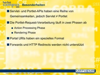 Portaltechnologie in Bankanwendungen für Internet-Endkunden – Copyright © 2005 Sparda-Datenverarbeitung eG
Besonderheiten
 Servlet- und Portlet-APIs haben eine Reihe von
Gemeinsamkeiten, jedoch Servlet ≠ Portlet
 Die Portlet-Request-Verarbeitung läuft in zwei Phasen ab
 Action Processing Phase
 Rendering Phase
 Portal URIs haben ein spezielles Format
 Forwards und HTTP Redirects werden nicht unterstützt
 