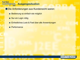 Portaltechnologie in Bankanwendungen für Internet-Endkunden – Copyright © 2005 Sparda-Datenverarbeitung eG
Ausgangssituation
 Die Anforderungen aus Kundensicht waren:
 Bedienung so einfach wie möglich
 Nur ein Login nötig
 Einheitliches Look & Feel über alle Anwendungen
 Performance
 
