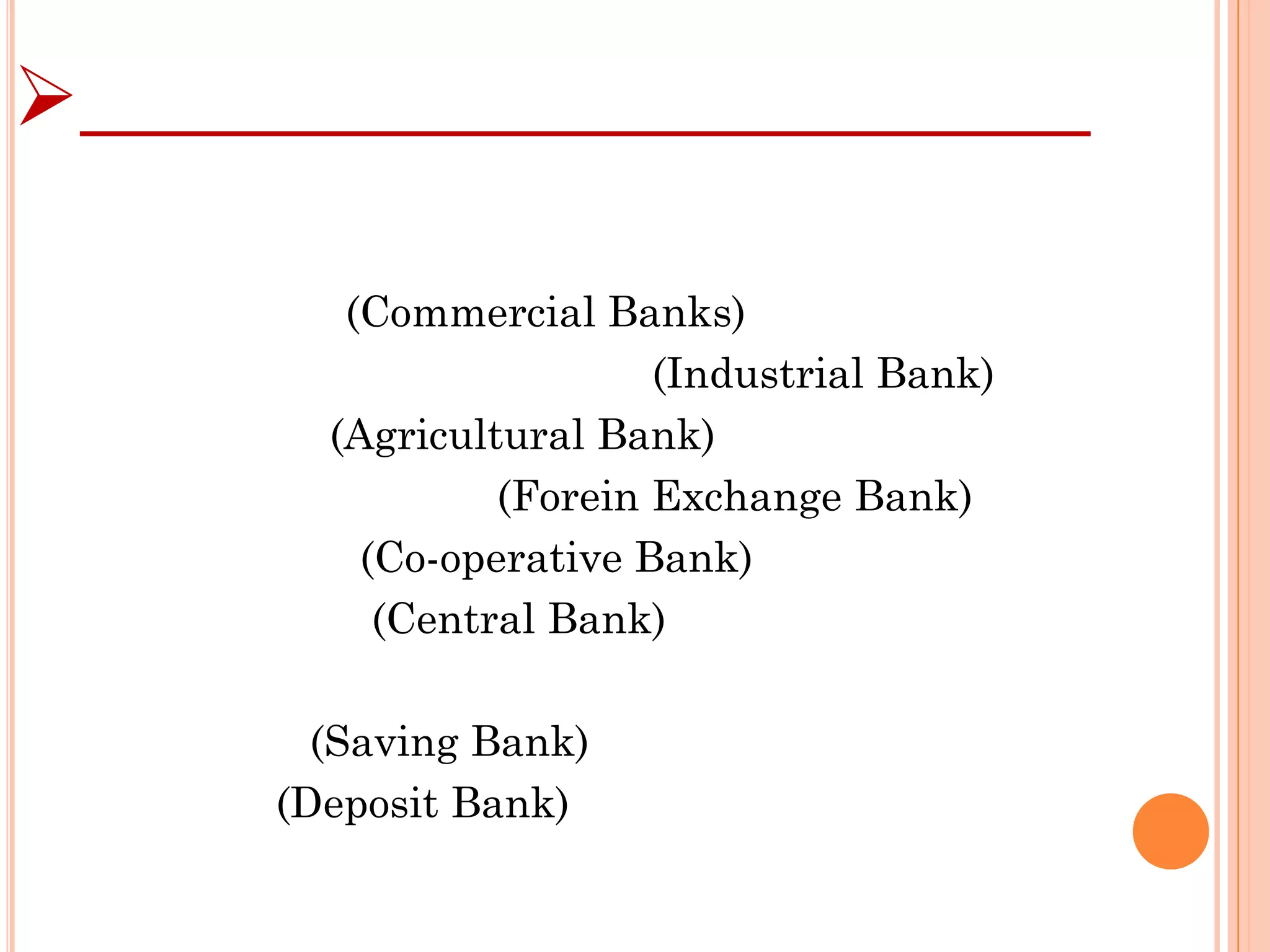 
(Commercial Banks)
(Industrial Bank)
(Agricultural Bank)
(Forein Exchange Bank)
(Co-operative Bank)
(Central Bank)
(Saving Bank)
(Deposit Bank)