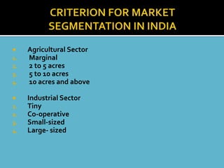     Agricultural Sector
1.   Marginal
2.   2 to 5 acres
3.   5 to 10 acres
4.   10 acres and above

    Industrial Sector
1.   Tiny
2.   Co-operative
3.   Small-sized
4.   Large- sized
 
