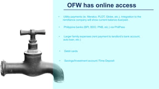 OFW has online access
• Utility payments (ie. Meralco, PLDT, Globe, etc.). Integration to the
remittance company will show current balance due/paid.
• Philippine banks (BPI, BDO, PNB, etc.) via PhilPass
• Larger family expenses (rent payment to landlord’s bank account,
auto loan, etc.)
• Debit cards
• Savings/Investment account /Time Deposit
 