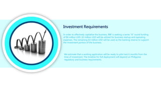 Investment Requirements
In order to effectively capitalize the business, BBF is seeking a series “A” round funding
of $6 million USD. $3 million USD will be utilized for business startup and operating
expenses. The remaining $3 million USD will be used as the banking reserve to support
the investment portion of the business.
We estimate that a working application will be ready to pilot test 6 months from the
time of investment. The timeline for full deployment will depend on Philippine
regulatory and business requirements.
 
