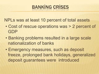 • Banking crises often preceded by financial
  liberalization.
• Banking crises are more severe in developing
  countries
...