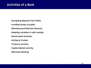 20
•Accepting deposits from Public
•Lending money to public
•Remittances/Collection Business
•Keeping valuables in safe custody
•Government business
•Acting as trustee
•Treasury services
•Capital Market activity
•Merchant Banking
Activities of a Bank
 