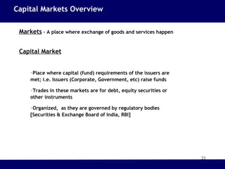 21
Capital Markets Overview
Markets – A place where exchange of goods and services happen
Capital Market
•Place where capital (fund) requirements of the issuers are
met; i.e. Issuers (Corporate, Government, etc) raise funds
•Trades in these markets are for debt, equity securities or
other instruments
•Organized, as they are governed by regulatory bodies
[Securities & Exchange Board of India, RBI]
 