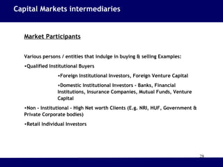 28
Market Participants
Various persons / entities that indulge in buying & selling Examples:
•Qualified Institutional Buyers
•Foreign Institutional Investors, Foreign Venture Capital
•Domestic Institutional Investors - Banks, Financial
Institutions, Insurance Companies, Mutual Funds, Venture
Capital
•Non - Institutional - High Net worth Clients (E.g. NRI, HUF, Government &
Private Corporate bodies)
•Retail Individual Investors
Capital Markets intermediaries
 