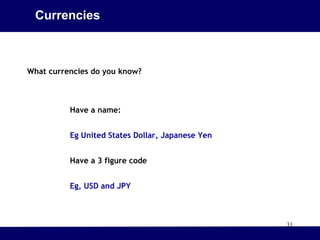 31
Currencies
What currencies do you know?
Have a name:
Eg United States Dollar, Japanese Yen
Have a 3 figure code
Eg, USD and JPY
 