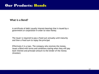 37
What is a Bond?
Our Products: Bonds
A certificate of debt (usually interest-bearing) that is issued by a
government or corporation in order to raise money
The issuer is required to pay a fixed sum annually until maturity
and then a fixed sum to repay the principal
Effectively it is a loan. The company who receives the money,
issues a Bond with terms and conditions stating when they will pay
back interest and principle amount to the lender of the money
(Investor)
 