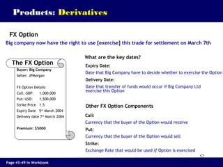 57
FX Option
Products: Derivatives
Buyer: Big Company
Seller: JPMorgan
FX Option Details
Call: GBP: 1,000,000
Put: USD: 1,500,000
Strike Price 1.5
Expiry Date 5th
March 2004
Delivery date 7th
March 2004
Premium: $5000
Big company now have the right to use [exercise] this trade for settlement on March 7th
The FX Option
What are the key dates?
Expiry Date:
Date that Big Company have to decide whether to exercise the Option
Delivery Date:
Date that transfer of funds would occur if Big Company Ltd
exercise this Option
Other FX Option Components
Call:
Currency that the buyer of the Option would receive
Put:
Currency that the buyer of the Option would sell
Strike:
Exchange Rate that would be used if Option is exercised
Page 45-49 in Workbook
 