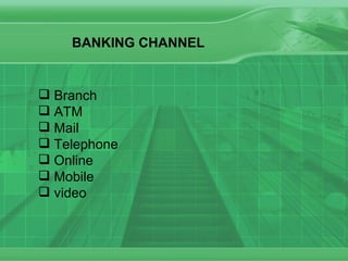 BANKING CHANNEL Branch ATM Mail Telephone Online Mobile video 