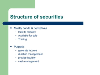 Structure of securities Mostly bonds & derivatives Held to maturity Available for sale Trading Purpose  generate income  duration management provide liquidity cash management 