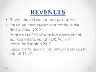 REVENUES
• Growth have been more qualitative.
• Based on then projections made in the
“India Vision 2020”.
• Total asset of all scheduled commercial
banks is estimated at Rs.40,90,000
crores(end march 2012).
• Expected to grow at an annual composite
rate of 13.4%.

 
