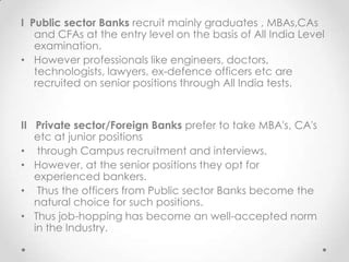 I Public sector Banks recruit mainly graduates , MBAs,CAs
and CFAs at the entry level on the basis of All India Level
examination.
• However professionals like engineers, doctors,
technologists, lawyers, ex-defence officers etc are
recruited on senior positions through All India tests.

II Private sector/Foreign Banks prefer to take MBA's, CA's
etc at junior positions
• through Campus recruitment and interviews.
• However, at the senior positions they opt for
experienced bankers.
• Thus the officers from Public sector Banks become the
natural choice for such positions.
• Thus job-hopping has become an well-accepted norm
in the Industry.

 