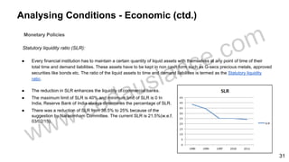 Analysing Conditions - Economic (ctd.)
Monetary Policies
Statutory liquidity ratio (SLR):
● Every financial institution has to maintain a certain quantity of liquid assets with themselves at any point of time of their
total time and demand liabilities. These assets have to be kept in non cash form such as G-secs precious metals, approved
securities like bonds etc. The ratio of the liquid assets to time and demand liabilities is termed as the Statutory liquidity
ratio.
● The reduction in SLR enhances the liquidity of commercial banks.
● The maximum limit of SLR is 40% and minimum limit of SLR is 0 In
India, Reserve Bank of India always determines the percentage of SLR.
● There was a reduction of SLR from 38.5% to 25% because of the
suggestion by Narasimham Committee. The current SLR is 21.5%(w.e.f.
03/02/15).
31
 